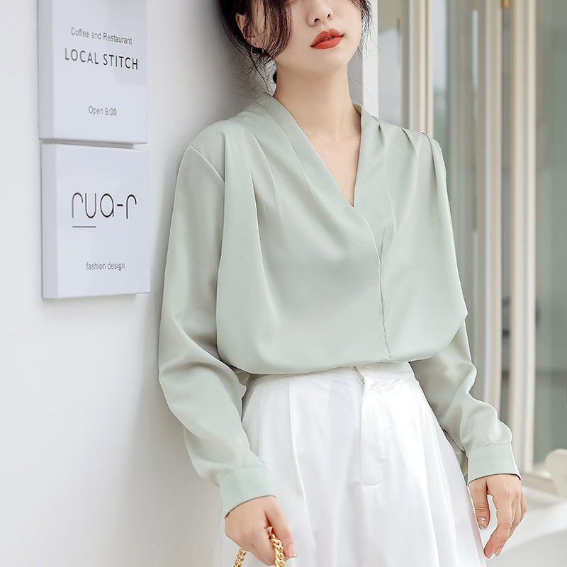 Chic Satin V-Neck Blouse for Women - Spring/Fall Style