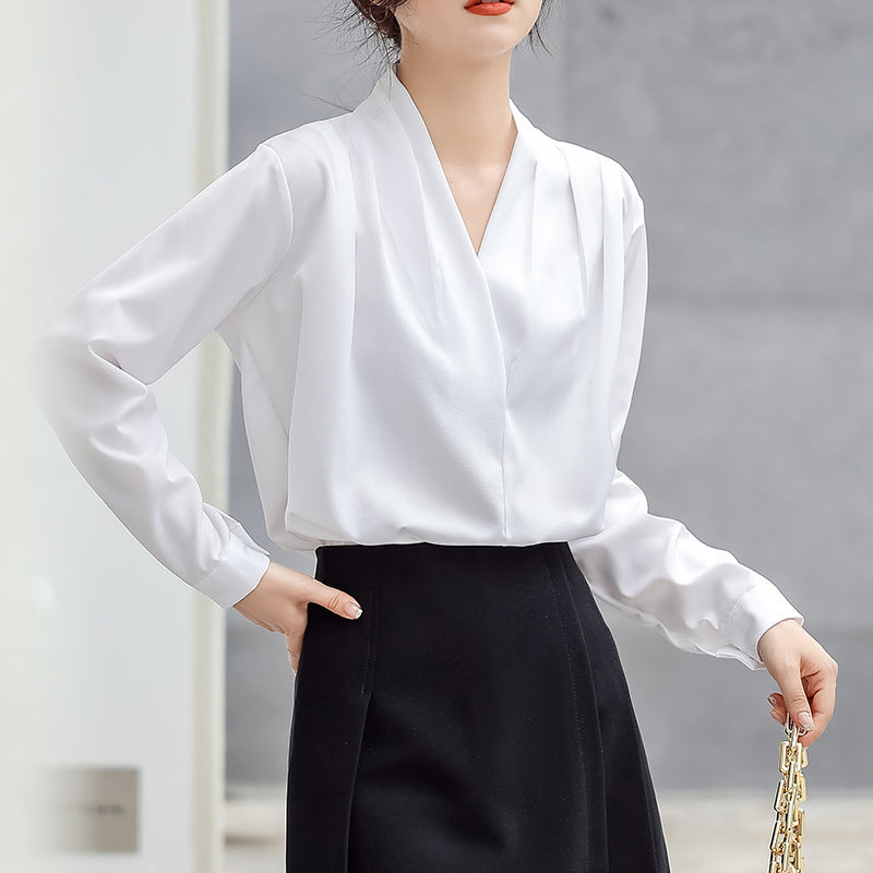 Chic Satin V-Neck Blouse for Women - Spring/Fall Style