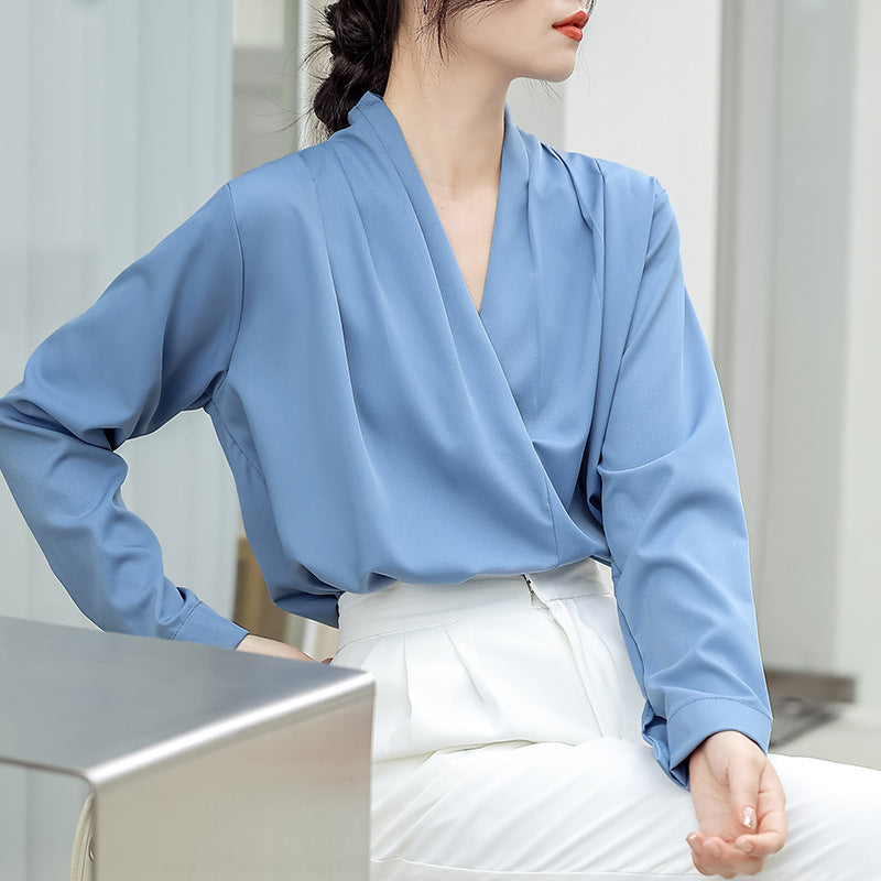 Chic Satin V-Neck Blouse for Women - Spring/Fall Style