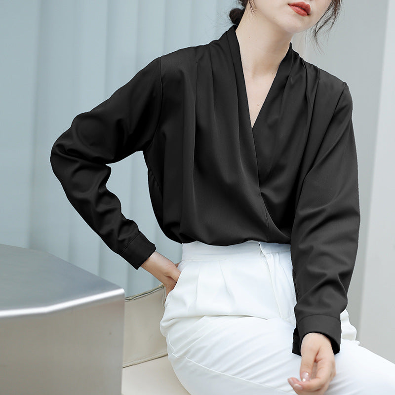 Chic Satin V-Neck Blouse for Women - Spring/Fall Style